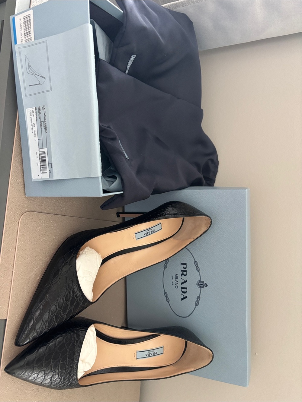 Prada Black Croc-Embossed Pointed-Toe Leather Pumps